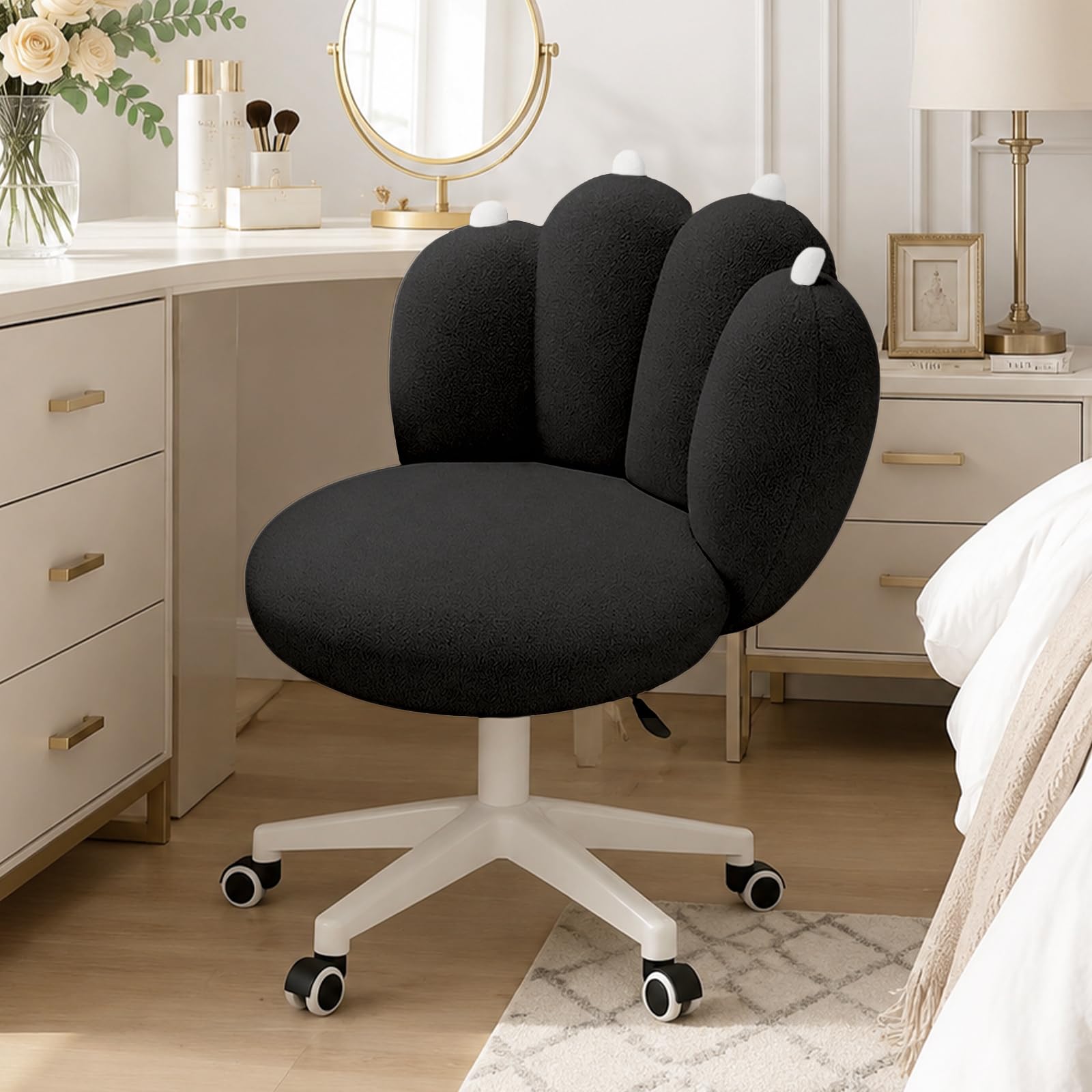 XUEGW Adorable Cat Paw Vanity Chair with Teddy Fleece,Armless Makeup Seat with Wheels,Height Adjustable Mid-Back Computer Task Seat for Bedroom,Living Room(Black) — image 1