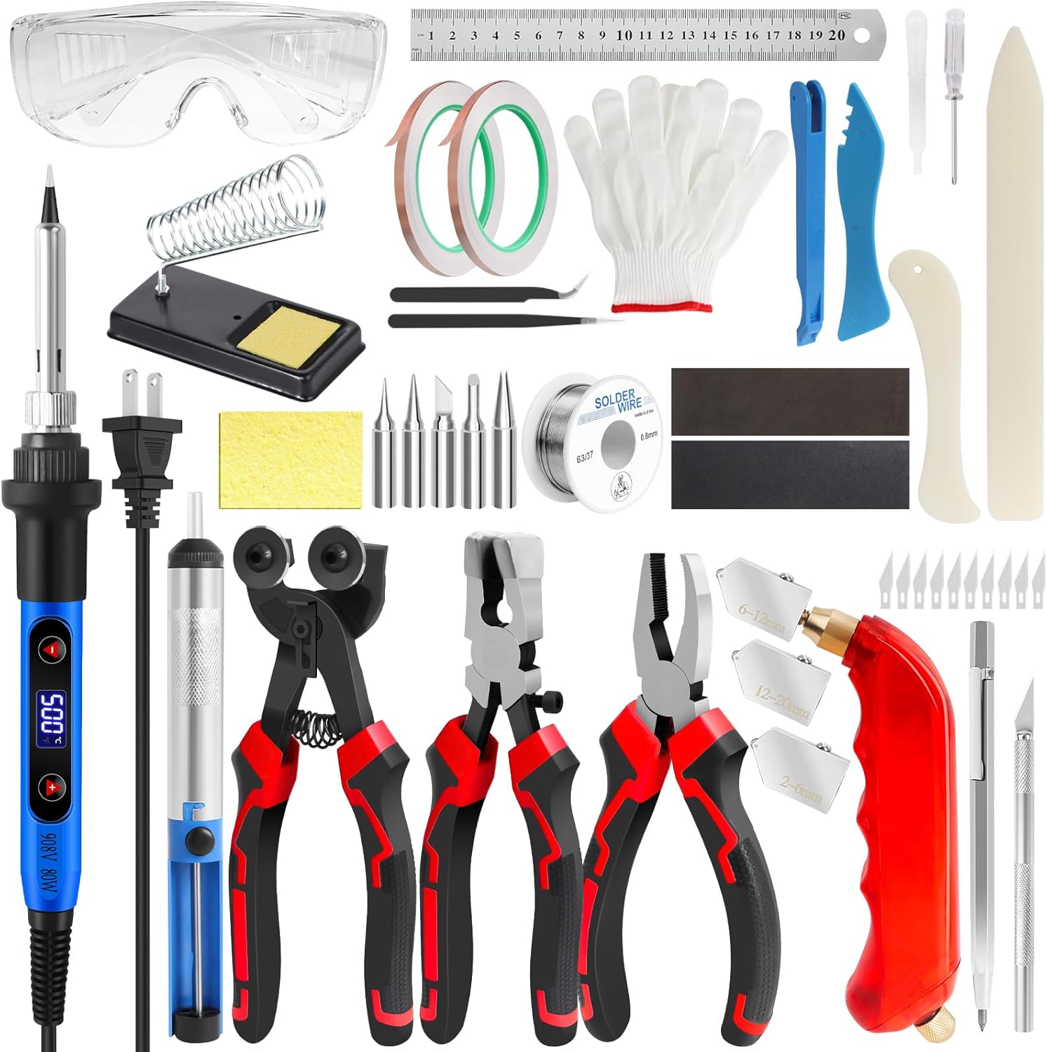 YOTINO Glass Cutters Tools,43PCS Stained Glass Tools with Glass Nippers Glass Running Pliers Breaking Pliers Oil Feed,80W Soldering Iron, Solder Wire