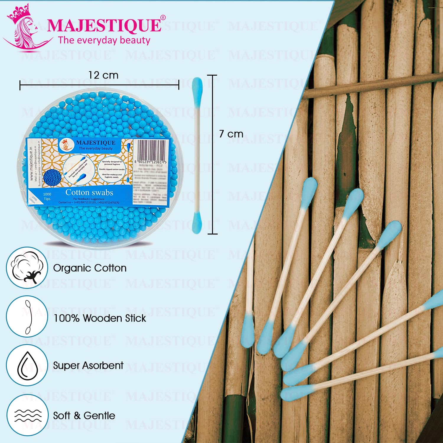 Majestique 500Pcs Round Heads, Ear Cleaner Buds 100% Biodegradable & Environment-Friendly Cotton Swab Stick Multi-Functional Tool for Cleaning Needs - (Pack of 2)
