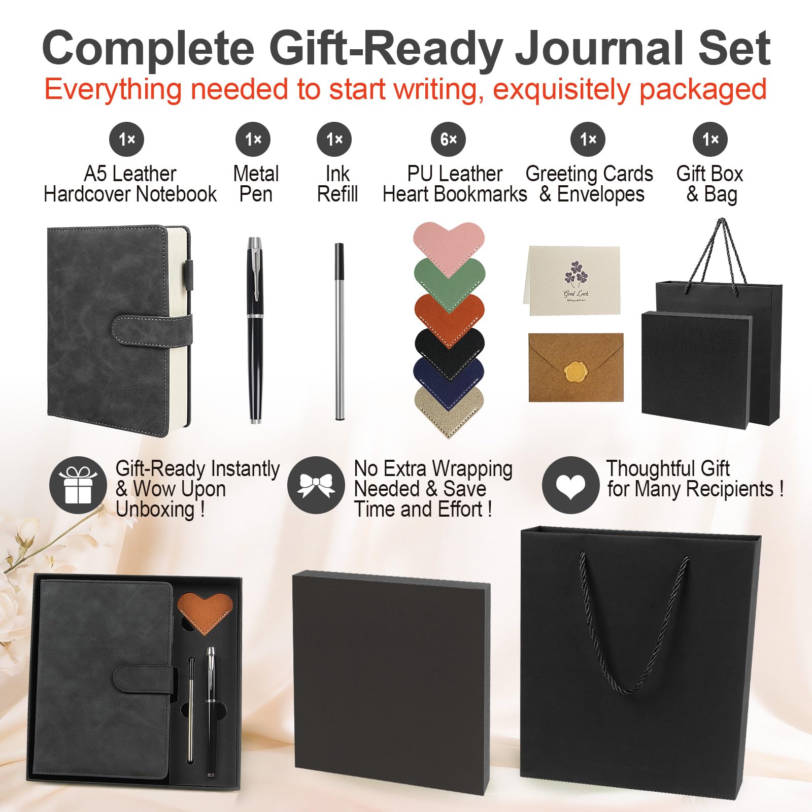 Leder-Notizbuch-Geschenkset, A5, Hardcover-Tagebuch mit Stift und 6 Herz-Lesezeichen, Geschenkbox + Tasche (schwarz)