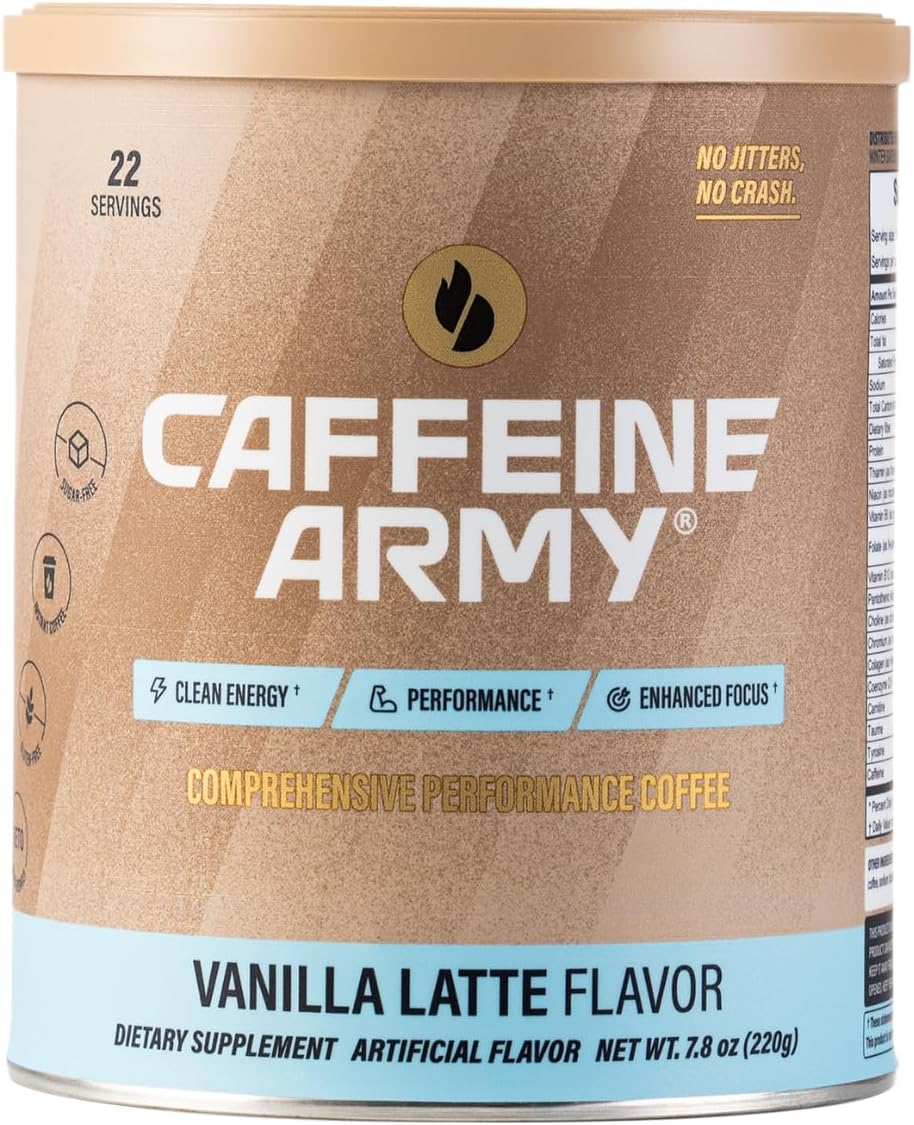 - CAFFEINE ARMY Vanilla Latte | Functional Coffee with Collagen Peptides, MCTs, CoQ10 and Adaptogens: Clean Energy, Supports Daily Attention, No Jitters or Crash (7.8 oz 22 Servings)