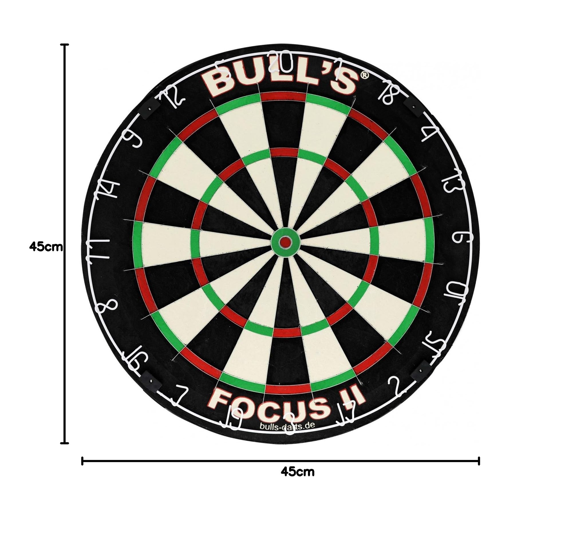 Bull's Focus II Bristle Dartboard/Dartscheibe, Black/White/Red/Green, 45,5 cm, 68006