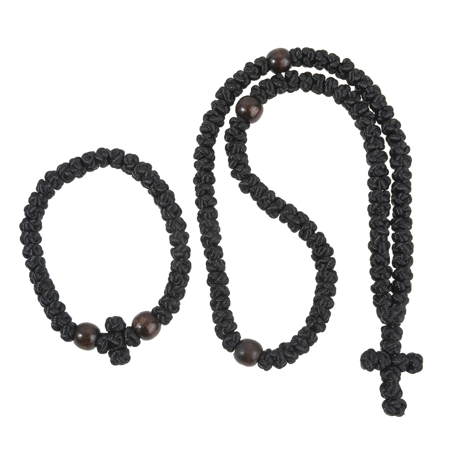 Handmade Prayer Rope, 2pcs Christian 33 Knot & 100 Knot Orthodox Greek Prayer Rope, Traditional Blessing Cross Charm Car Hanging Home Ornaments (Black Style B)