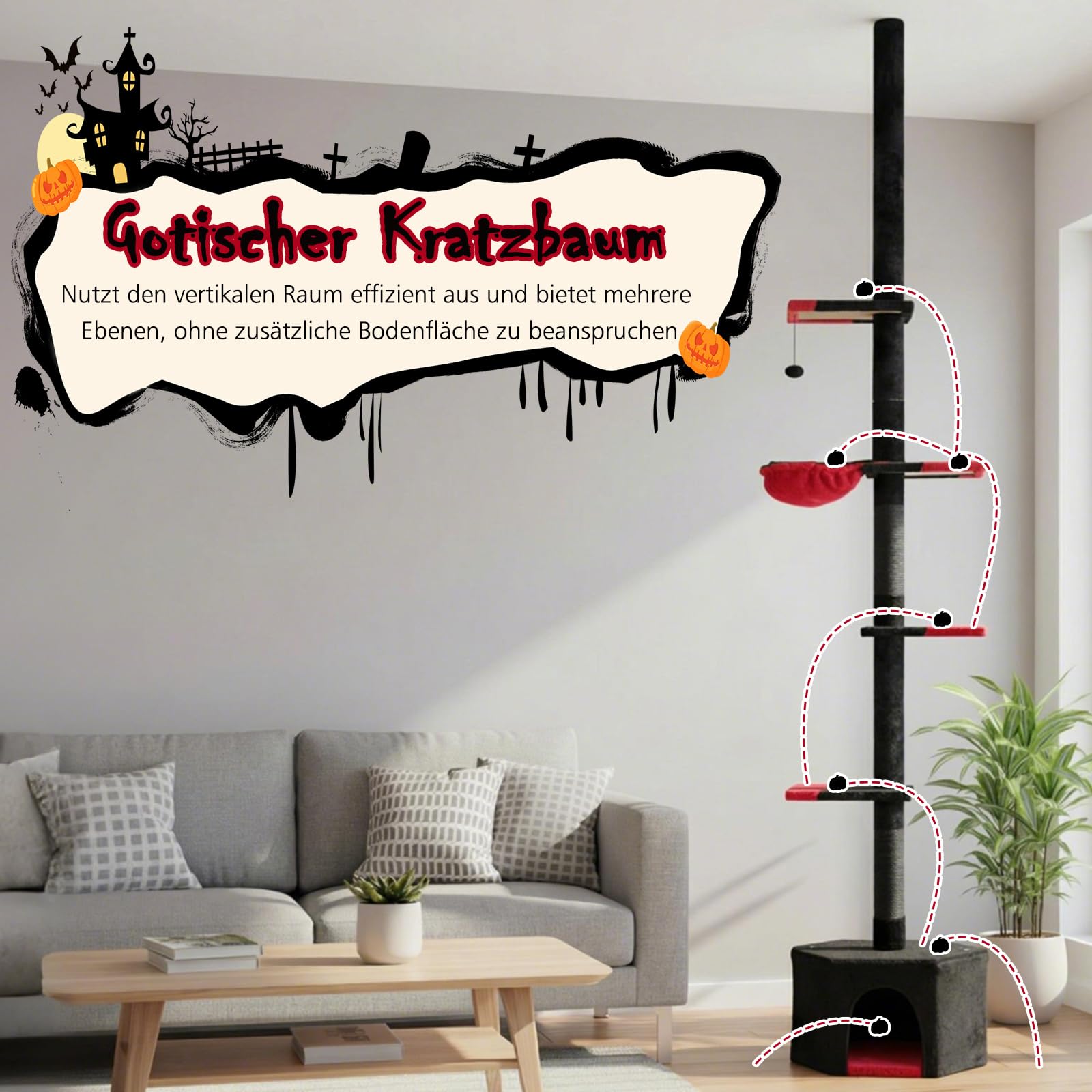 COSTWAY Kratzbaum deckenhoch, 245-300 cm, von Boden bis Decke, Gotisch Halloween, 5-stöckiger Katzenbaum, Katzenkratzbaum hoch, Kletterbaum mit Sisal-Kratzpfosten, Korb, Höhle & Plattform, Schwarz+Rot