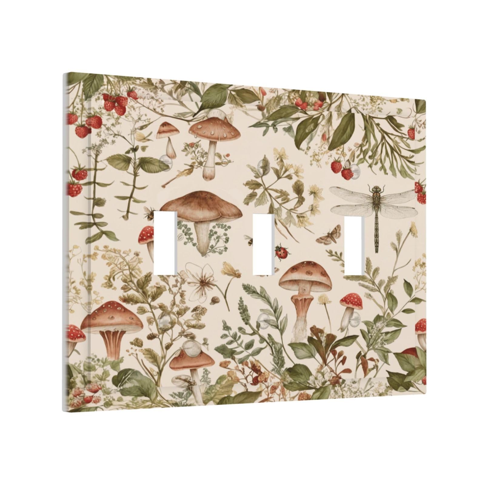 Sghxwp Watercolor Mushroom Wildflower Triple Toggle Light Switch Covers Decorative Vintage Botanical Dragonfly Bee 3-Gang Wall Plate Electrical Switch Plate Cover Faceplate for Country Bedroom Decor