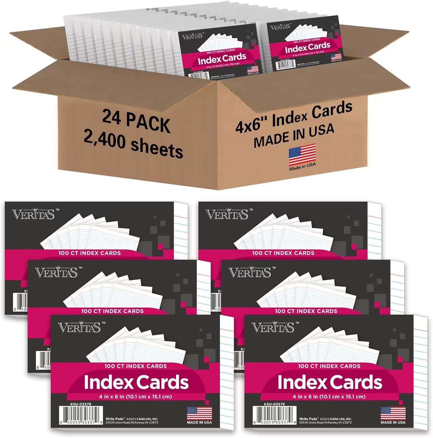 WritePads Index Cards Bulk, 2400 Flash Cards (24 Packs of 100), Wide Ruled Notecard, Blank Back Note Cards, Lined Flashcards for Studying School Home and Office, Made in USA (4x6)