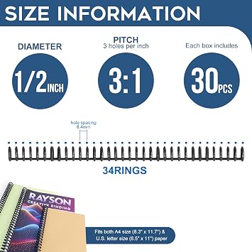 Rayson PROC1230BK Click Binding Spines, 3:1 Pitch, 1/2 Diameter, 90 Sheets Binding Capacity, Black, 30/Box