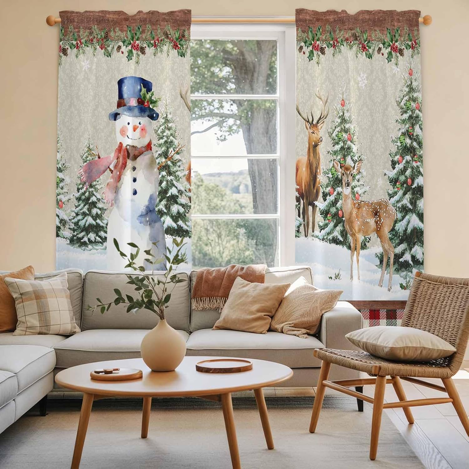 Snowman Christmas Window Curtains 72 Inch Long 2 Panel Set, Rod Pocket Long Curtains & Drapes, Xmas Tree Ball Farmhouse Plaid Elk Light Filtering Window Treatment for Bedroom Living Room 52"W x 72"L