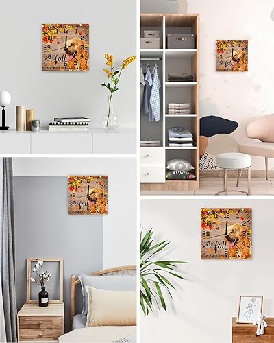 Miniatura 4 de Hello Fall Wooden Wall Clock Silent Non Ticking, Thanksgiving Dog Scarf Maple Leaf Wood Grain Square Wall Clock Battery Operated, Decor Clock for