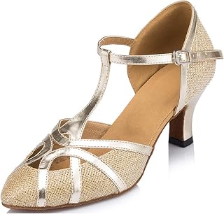 MINITOO Women's Latin Salsa T-Strap Closed Toe Gold Synthetic Ballroom Dance Shoes UK 5.5