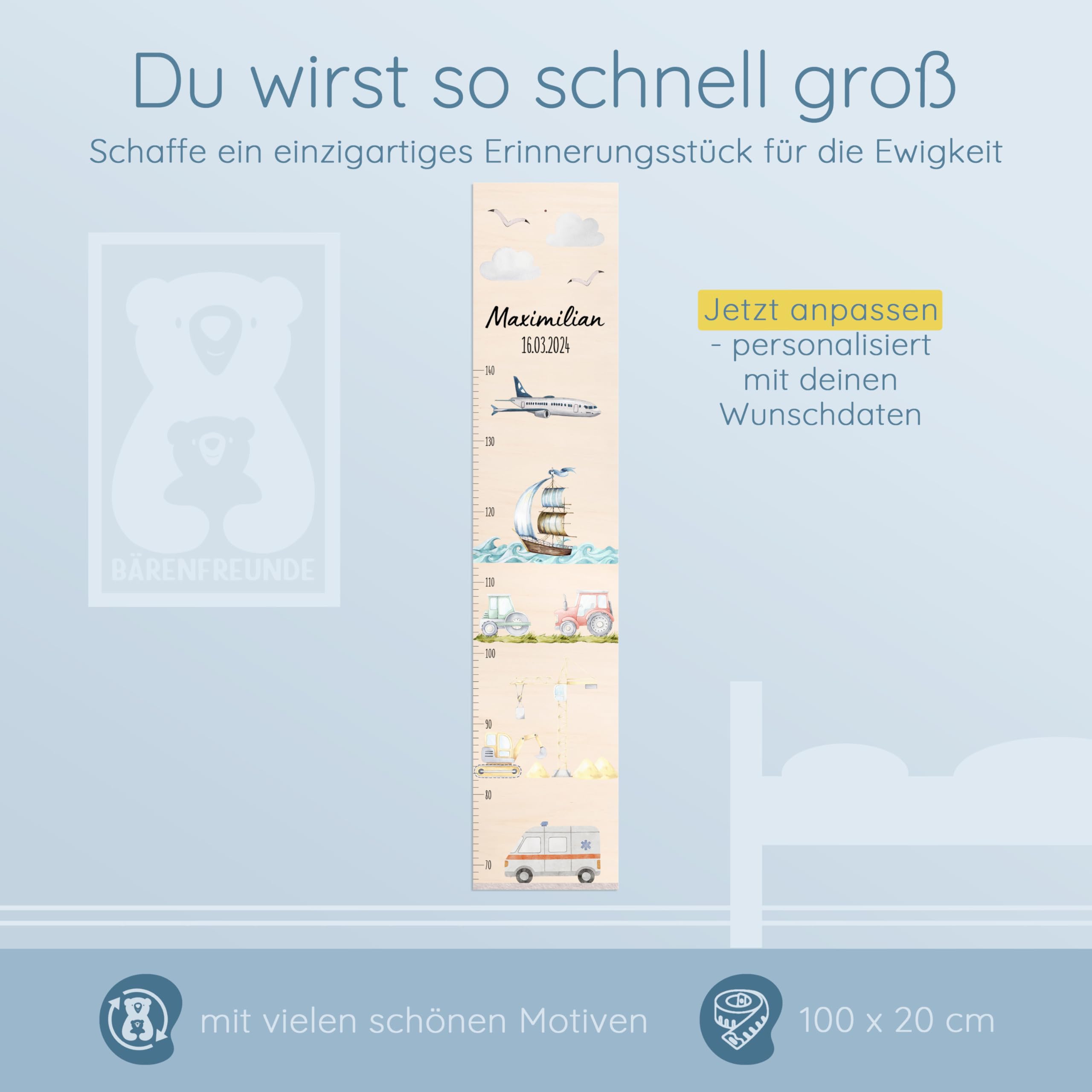 Bärenfreunde® - Personalisierte Messlatte Kind Holz zum Kleben oder Aufhängen - Skala 70-140cm - Süße Dekoration für Baby- & Kleinkinderzimmer (Kinder 70-140cm, Fahrzeuge)