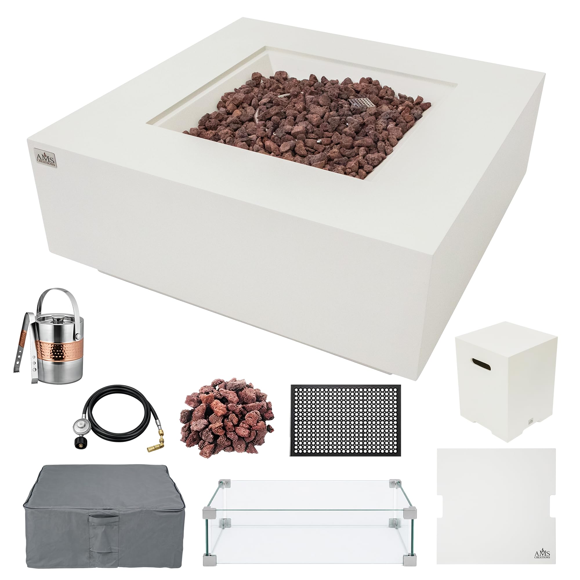 AMS 40" Square Concrete GFRC Propane Gas Fire Pit Table Bundle, Cream White