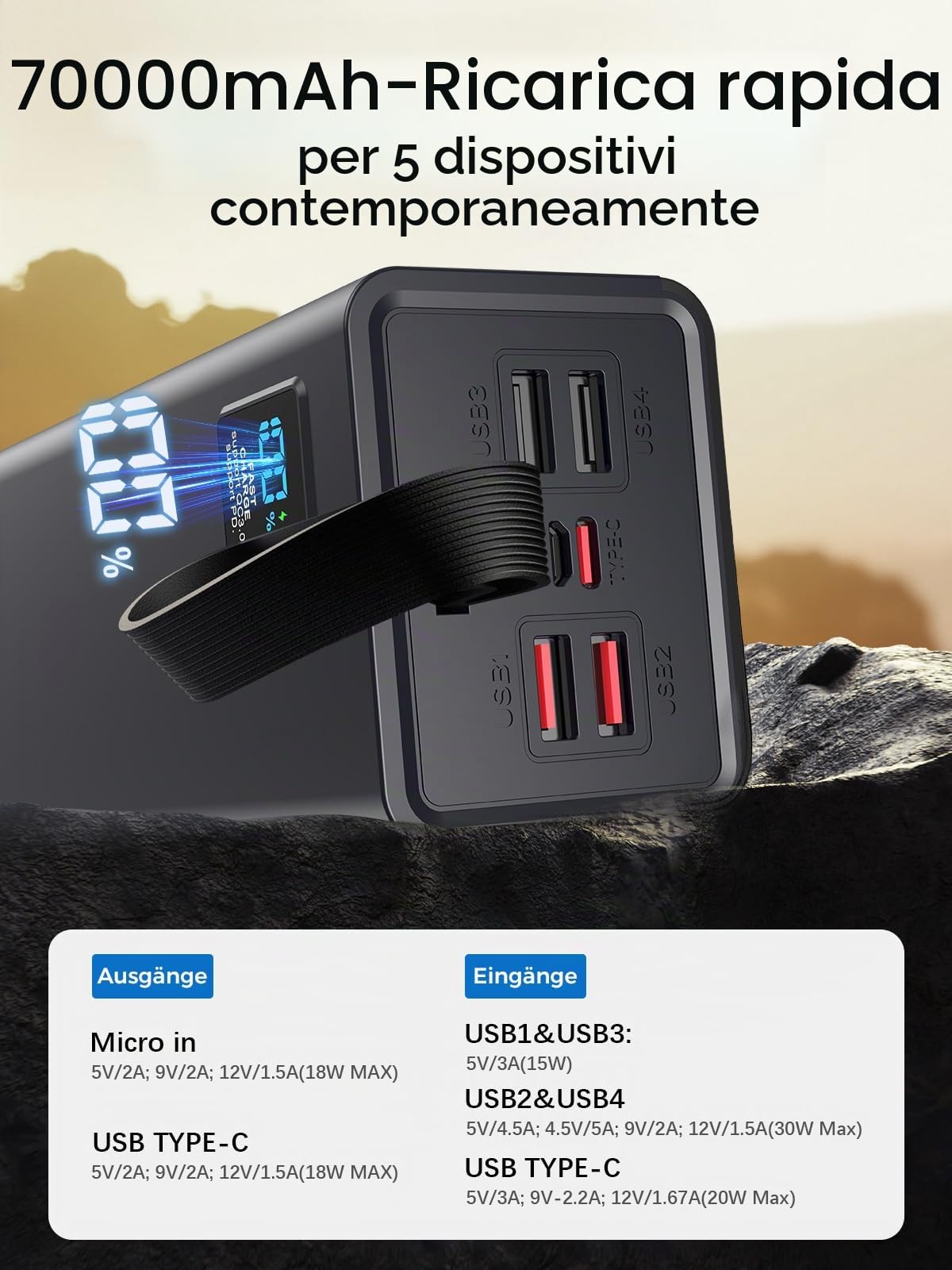 Power Bank 70000mAh, Caricatore Portatile PD 30W & QC 3.0 con Schermo Digitale, Ricarica Rapida, Grande Capacità, 5 Uscite e 2 Ingressi, Batteria Esterna per iPhone