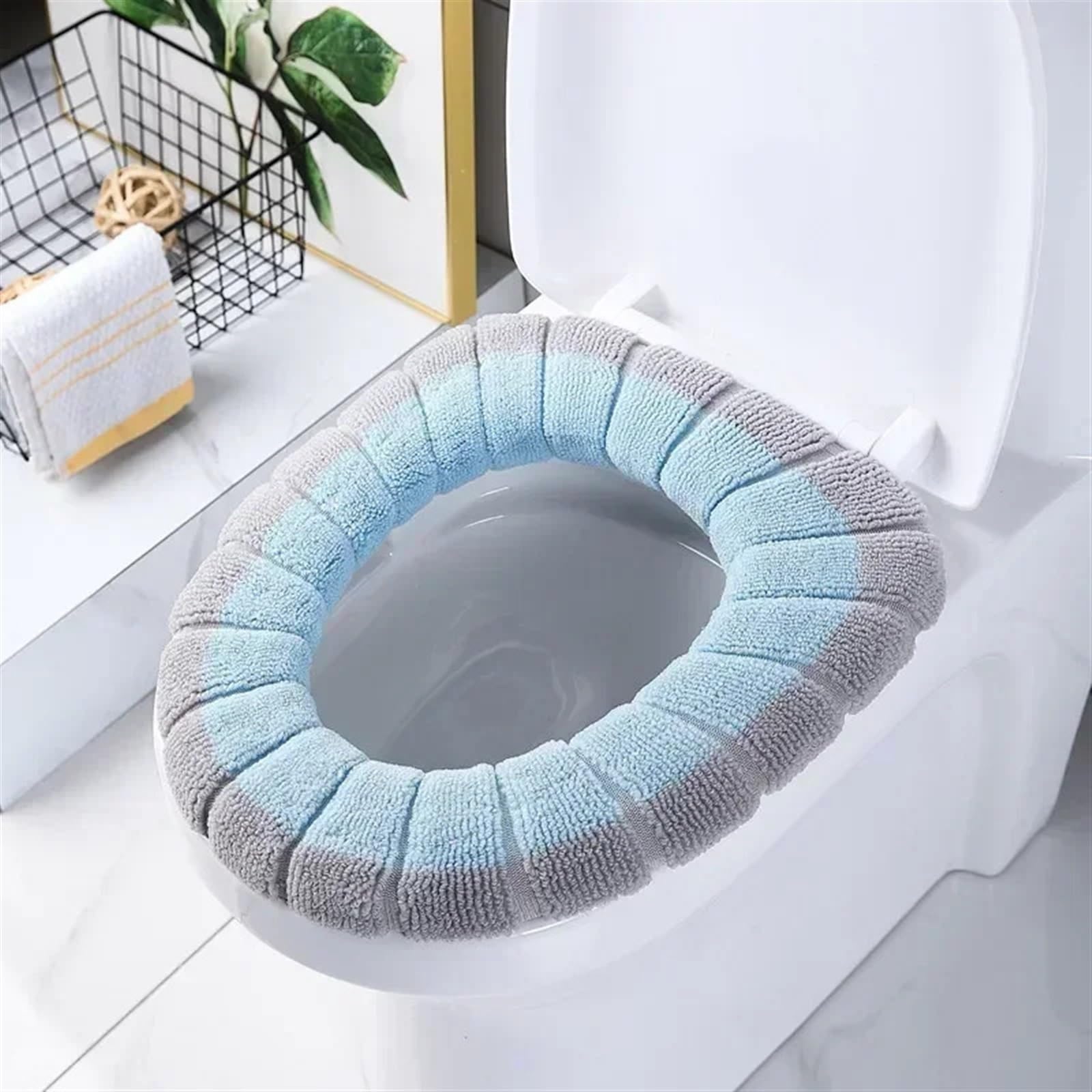 Housse de siège de toilette en tricot épais bleu pour un confort thermique supérieur en hiver