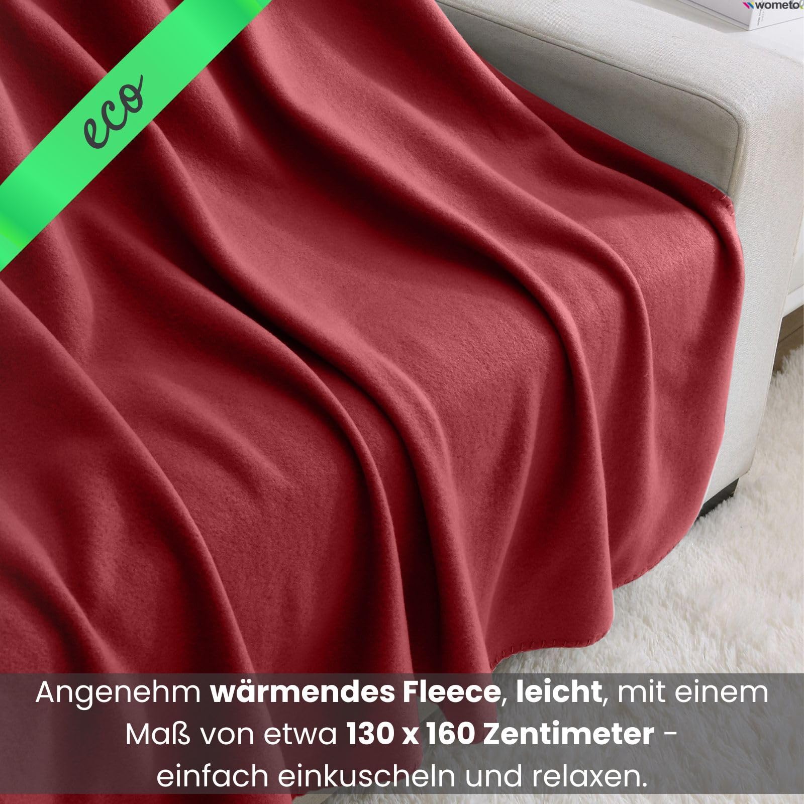 wometo Pack de 10 mantas de forro polar ecológico de material 100% reciclado + certificado Öko-Tex, 130 x 160 cm, aprox. 400 g, color rojo oscuro con antibolitas y borde de ribete