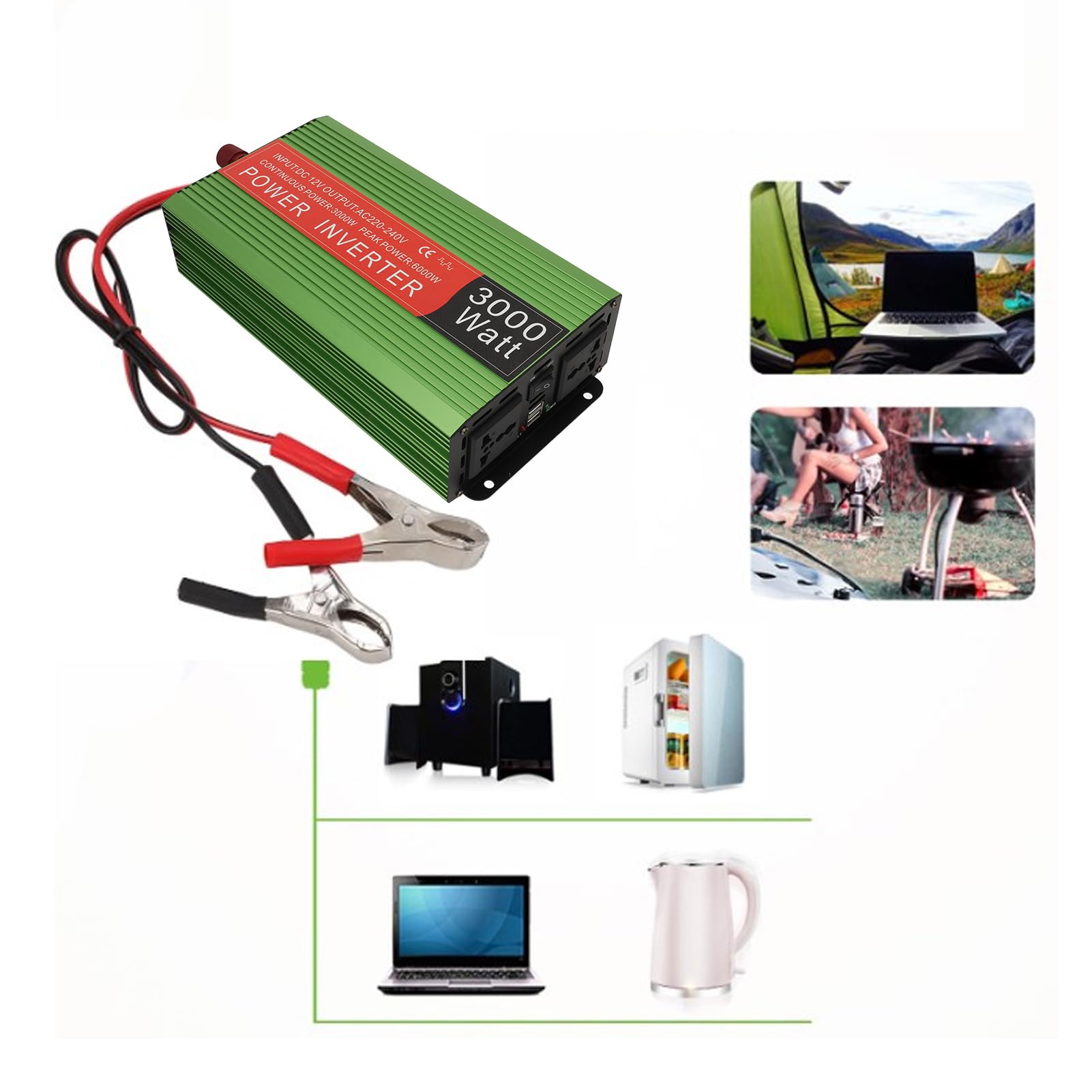 Hyuduo Inverter Solare per Auto in Lega di Alluminio 3000W DC12V a AC110V 220V Doppia Tensione con Indicatore Luminoso per Uso Domestico di Energia Solare Ed Eolica