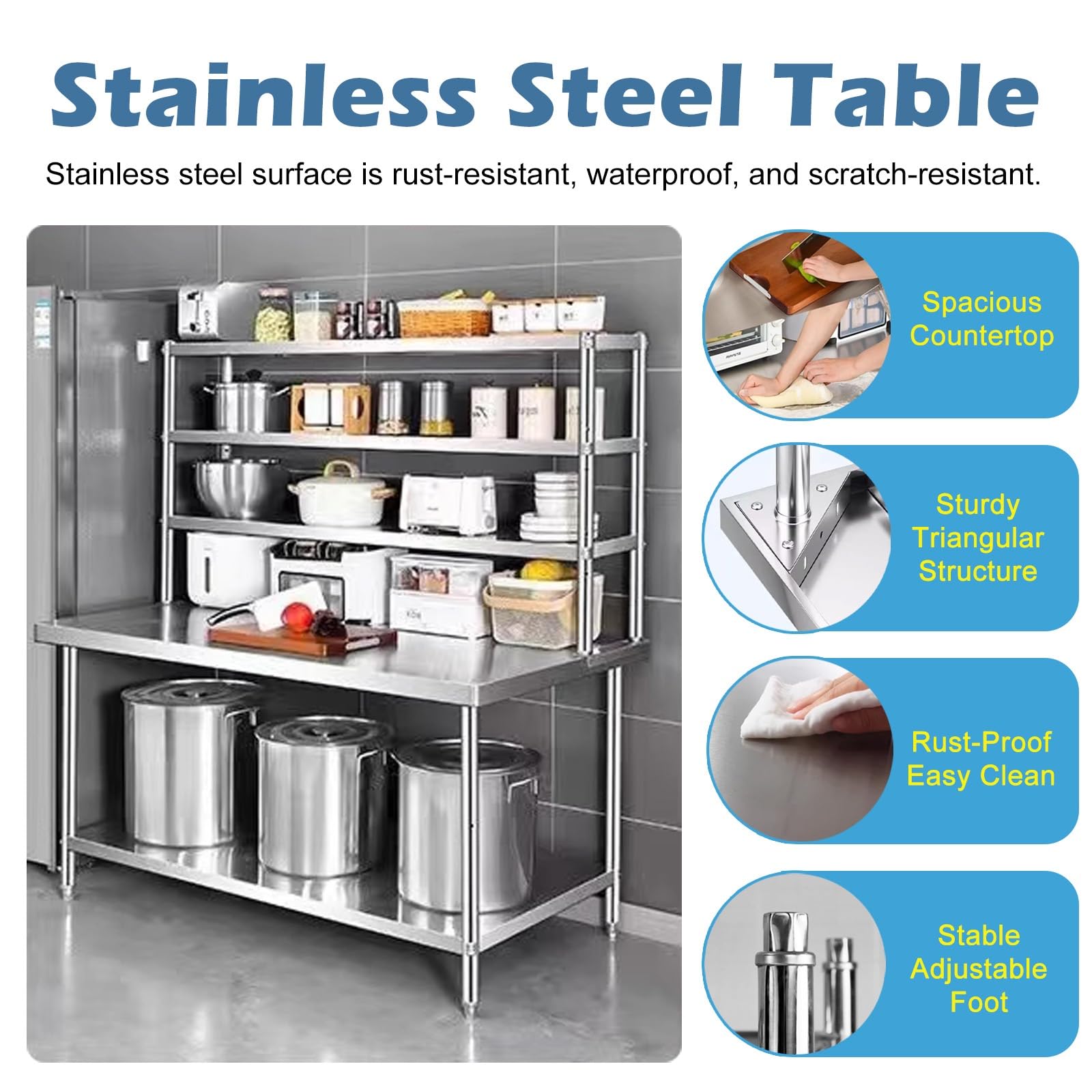 Banco da lavoro a 3 ripiani in acciaio inox con ampio tavolo di preparazione per cucina e lavanderia, scaffalatura resistente da 0,6 mm di spessore (lunghezza x larghezza x altezza 90 x altezza 90 x