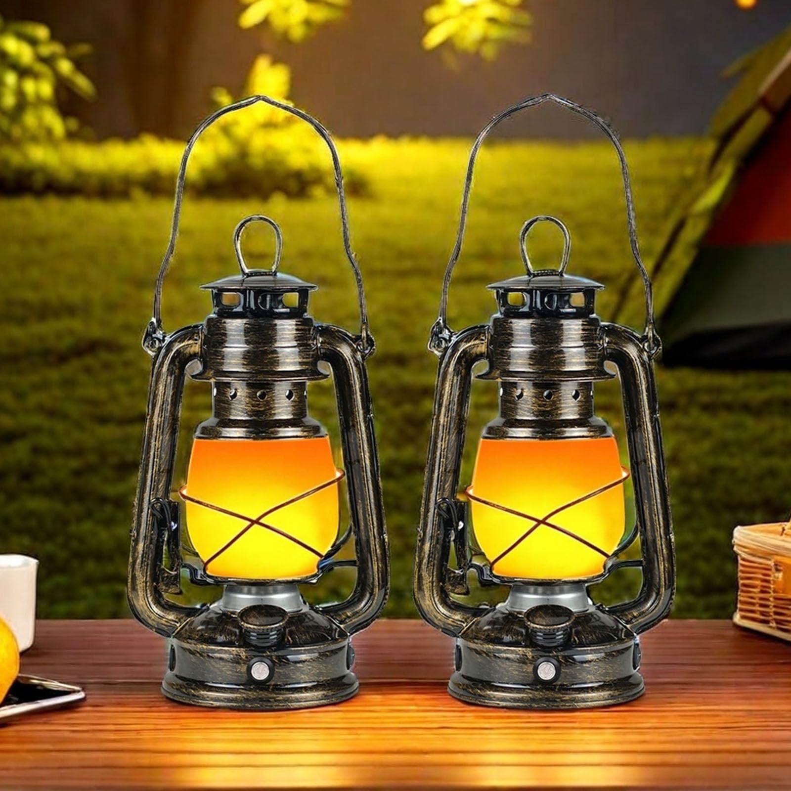 Linterna Vintage Exteriores, 2 Piezas Linternas Decorativa, Farolillos Exterior LED Pilas, Luces de Camping, Lámpara Camping Para Dentro Fuera Terraza Porche