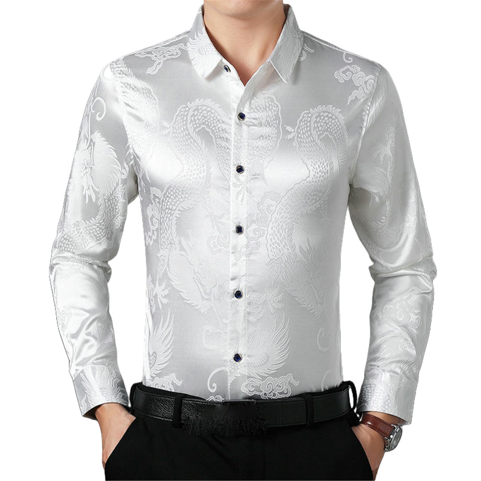 Camicia a maniche lunghe da uomo in stile cinese a righe con stampa dragone slim fit traspirante button down