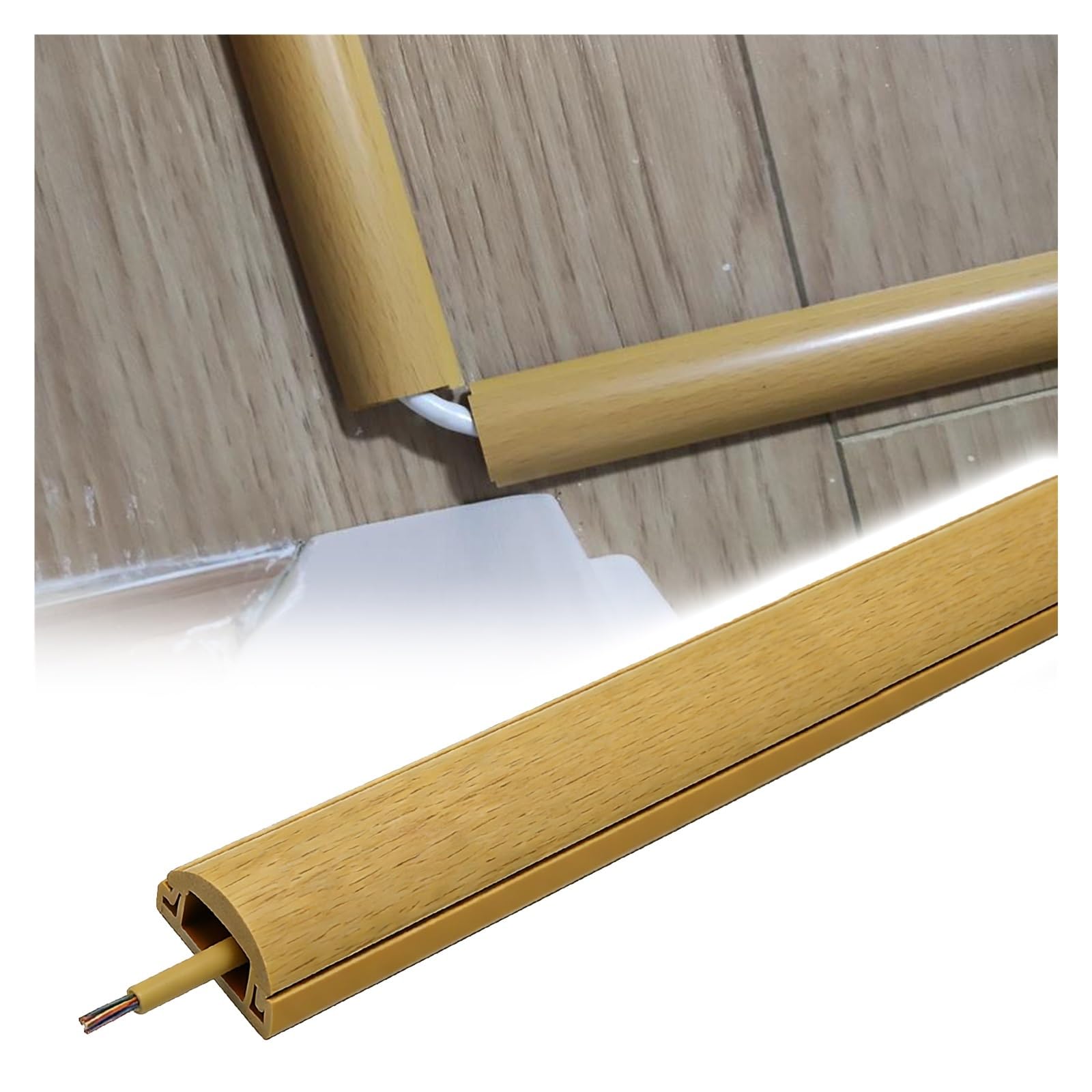 Canaleta de Cables Adhesiva con Efecto Madera, Cubierta Oculta para Cables | Tapa Extraíble a Presión, Diseño Recortable para Instalación DIY, Sin Dañar la Pared(Model D,L-52in/132.1cm)