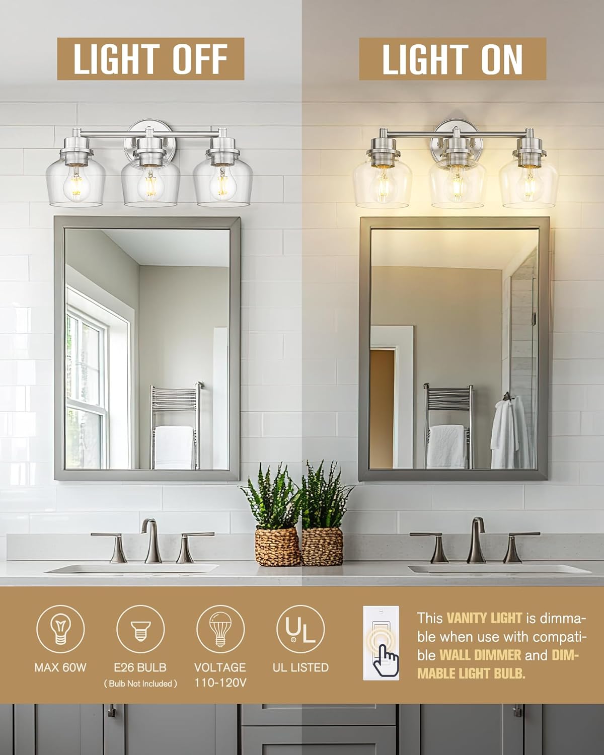 Emak Bathroom Light Fixtures Over Mirror, Brushed Nickel Vanity Light with Clear Glass Shade, 3-Light Vanity Lights for Bathroom, Mirror, Makeup Desk, VL122-BN-CG-3