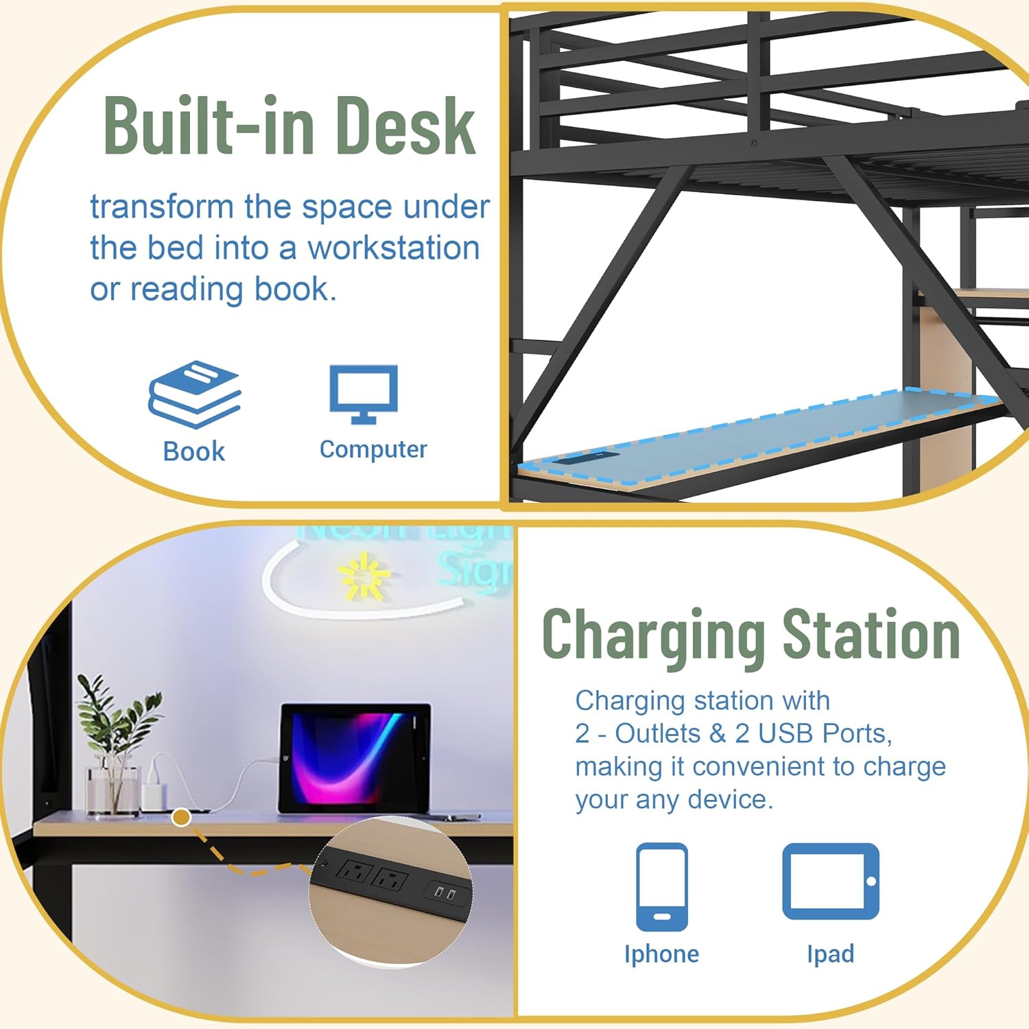 Queen Loft Bed with Desk and Stairs, Metal Loft Queen Beds with Charging Station, LED Lights, A Shelves, Wardrobe, Modern Tall Lofts Bed Frame for Adults Kids Teens, Bedroom, Black