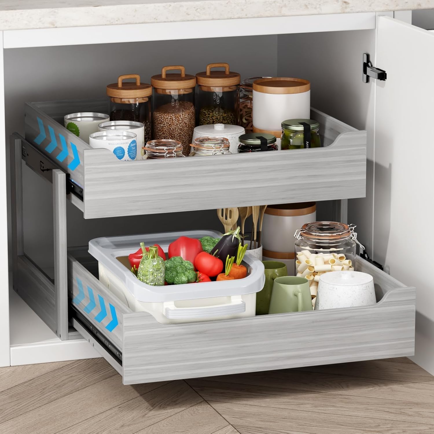Pull Out Drawers For Cabinets, 25" W x 21.65" D x 17" H Slide Out Wooden Pull out Drawers, 2-Tier, Heavy-Duty Base Bottom Assembly Slide out Drawer Shelf Cabinet Organization for Kitchen, Gray
