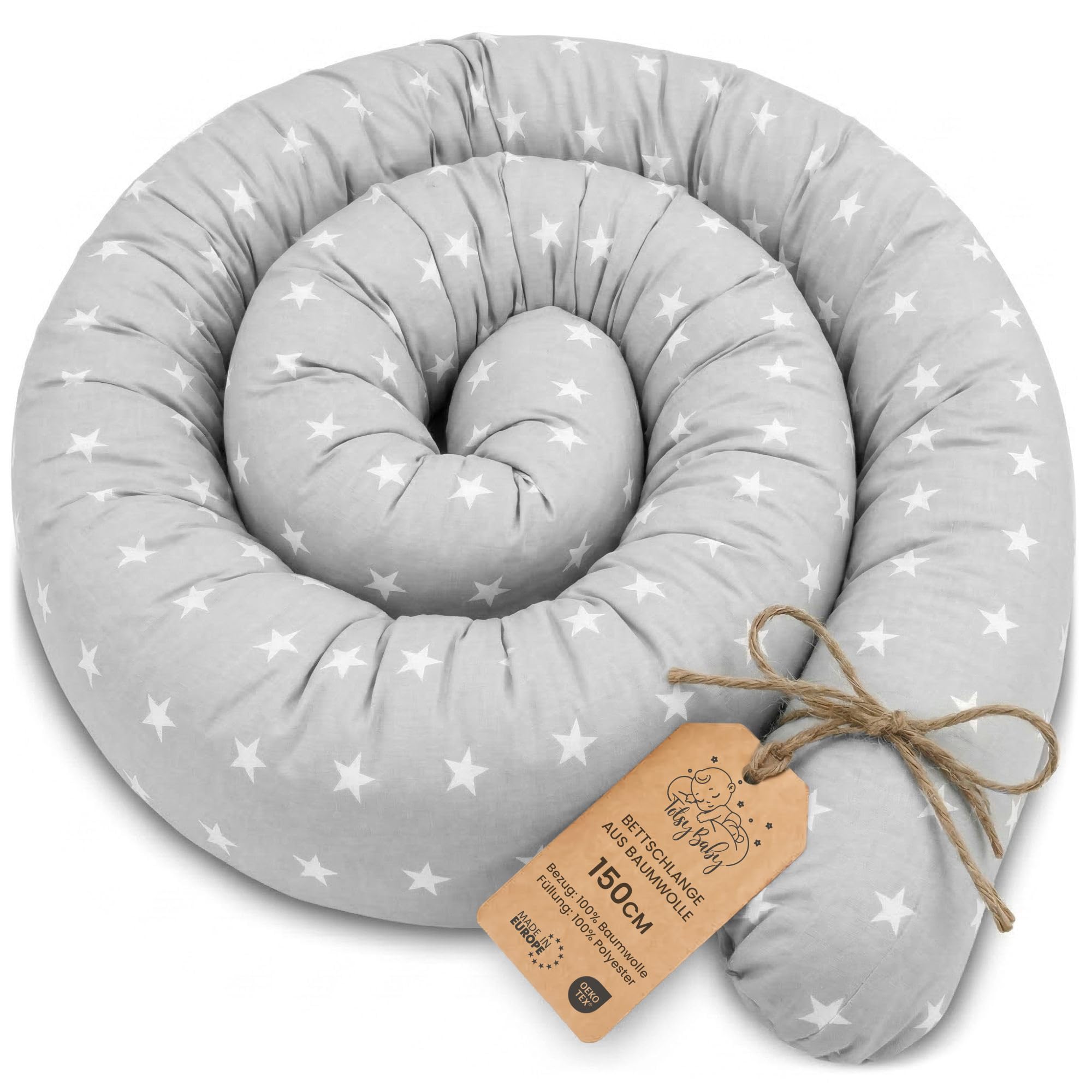 Totsy Baby Seitenschläferkissen Bettschlange Body Pillow 150 cm Baumwolle - Kopfkissen lang Bettrolle Schlafkissen Nackenrolle Kissen Oeko-Tex Grau mit Weiß Sternen
