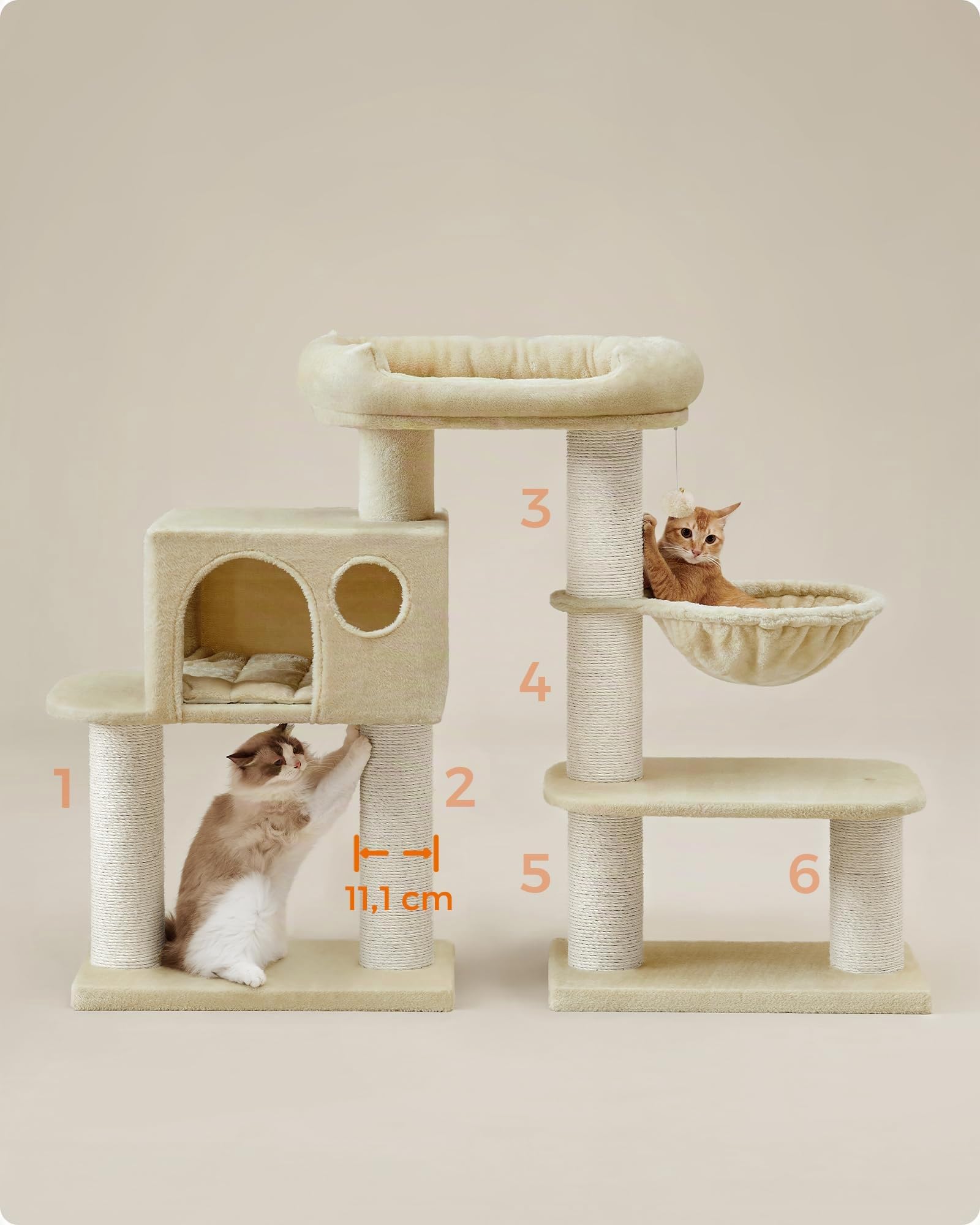 FEANDREA Árbol para Gatos, con Plataforma de Observación XXL, Tumbona de la Cesta y Cueva Grande, Postes Gruesos Envueltos en Sisal, Estable, Beige PCT01M