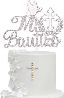 1 Pack Spanish Mi Bautizo Cake Topper Glitter Cross First Holy Communion Baptism Cake Pick Religious God Bless Baptism Cake Decoration for Baby Shower Birthday Party Supplies Silver