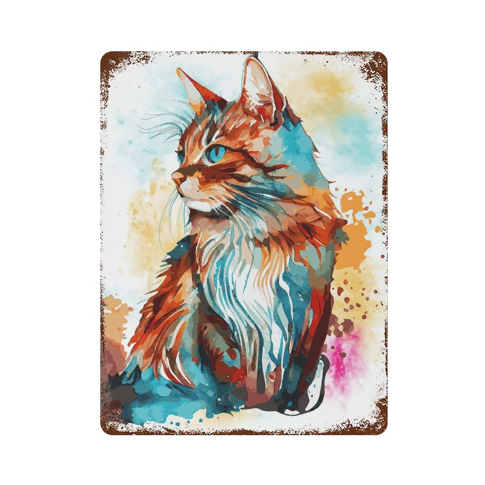 Rustic Tin Plaque Watercolor Bobtail Cat Art 15.7"x11.8", Rustic Home Decor for Office, Studio And Wall Decor