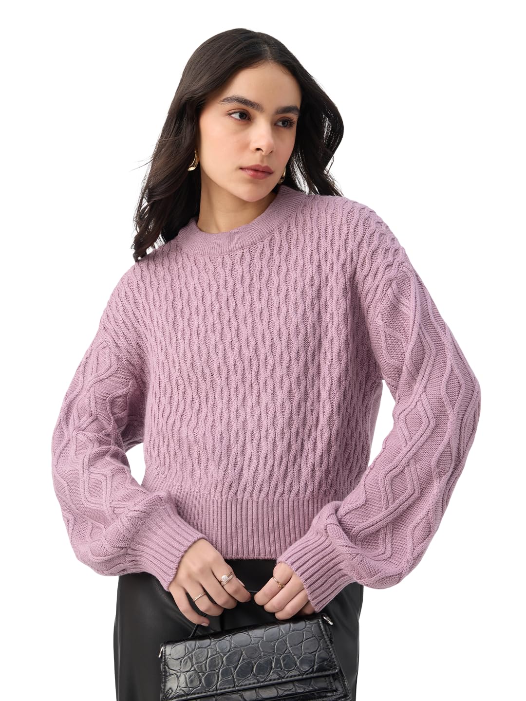 the souled store Cable-Knit Sweater: Dusky Rose Women and Girls Full Sleeves Round Neck Knitted Acrylic Lightweight Casual Oversized Sweater-picture-53