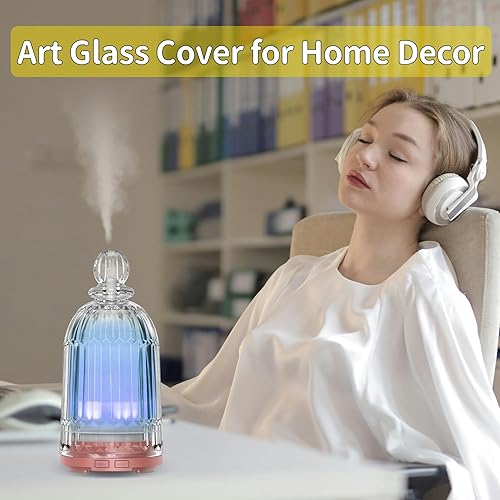 Miniatura 4 de Difusor de aceite esencial de vidrio, pequeño humidificador de niebla fría cubierta de vidrio y depósito de plástico con 7 luces LED de color,