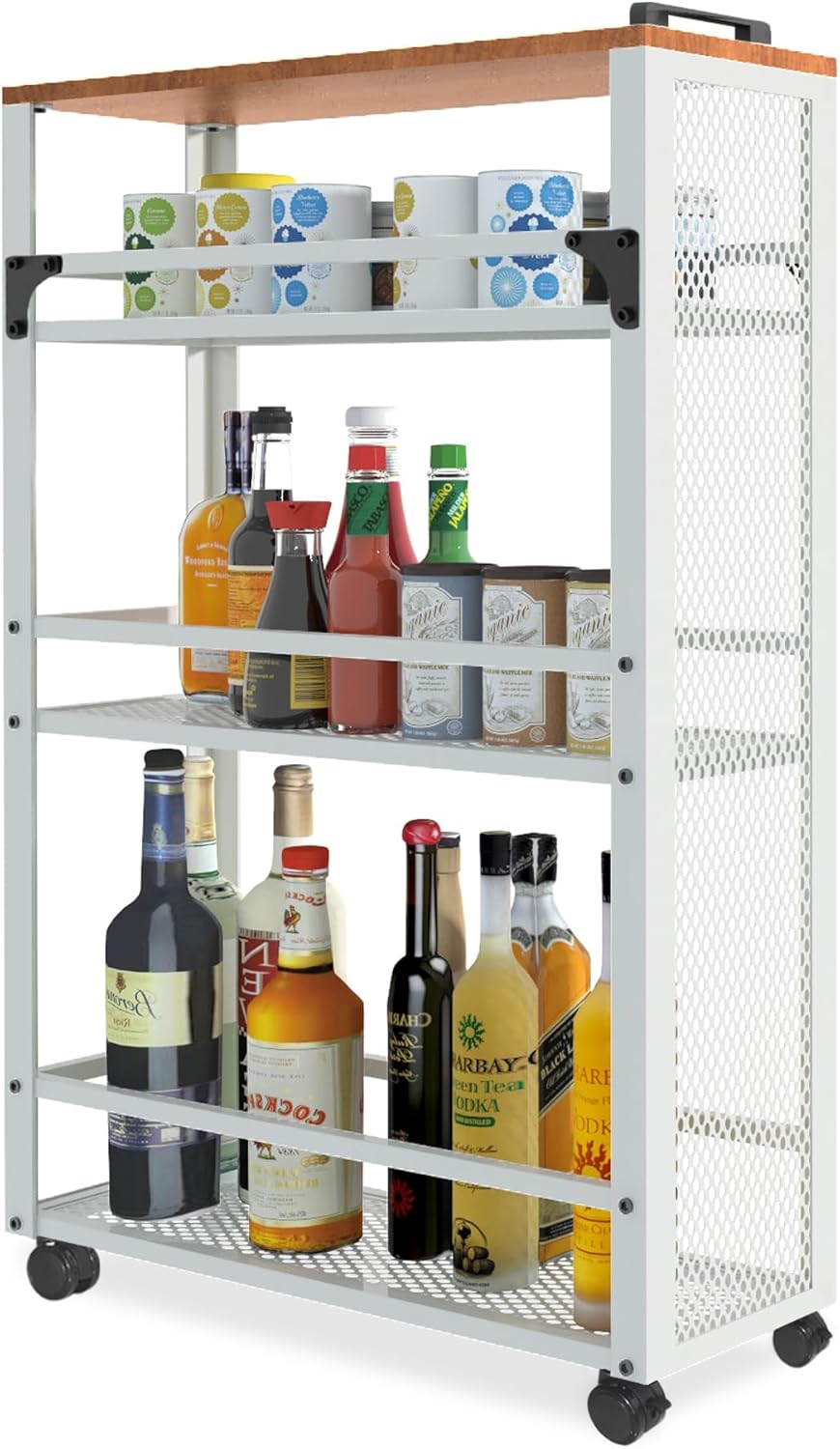 2025 New, Slim Kitchen Storage Cart, 3 Tier Metal Rolling Utility Cart Mesh Basket, Multifunction Wire Basket Shelf Trolley for Home Laundry, Bathroom, Living Room, White