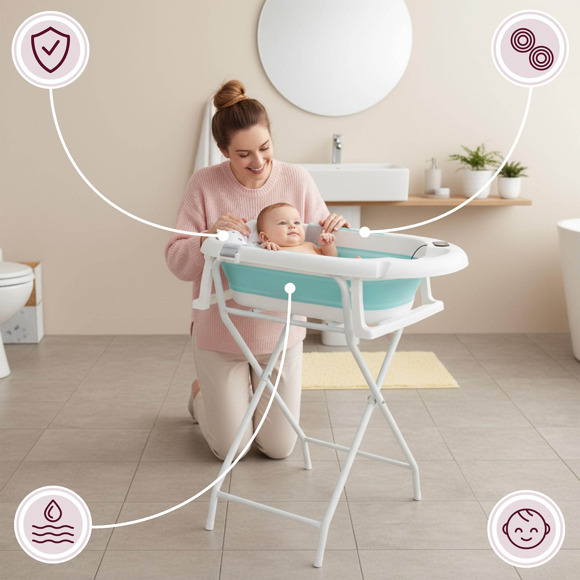 Moby-System Bañera Bebé Plegable con Termómetro LCD Incluye Inserto Soporte Alto y Bajo Vasito de Ballena – Compacta y Segura desde Recién Nacido – Menta