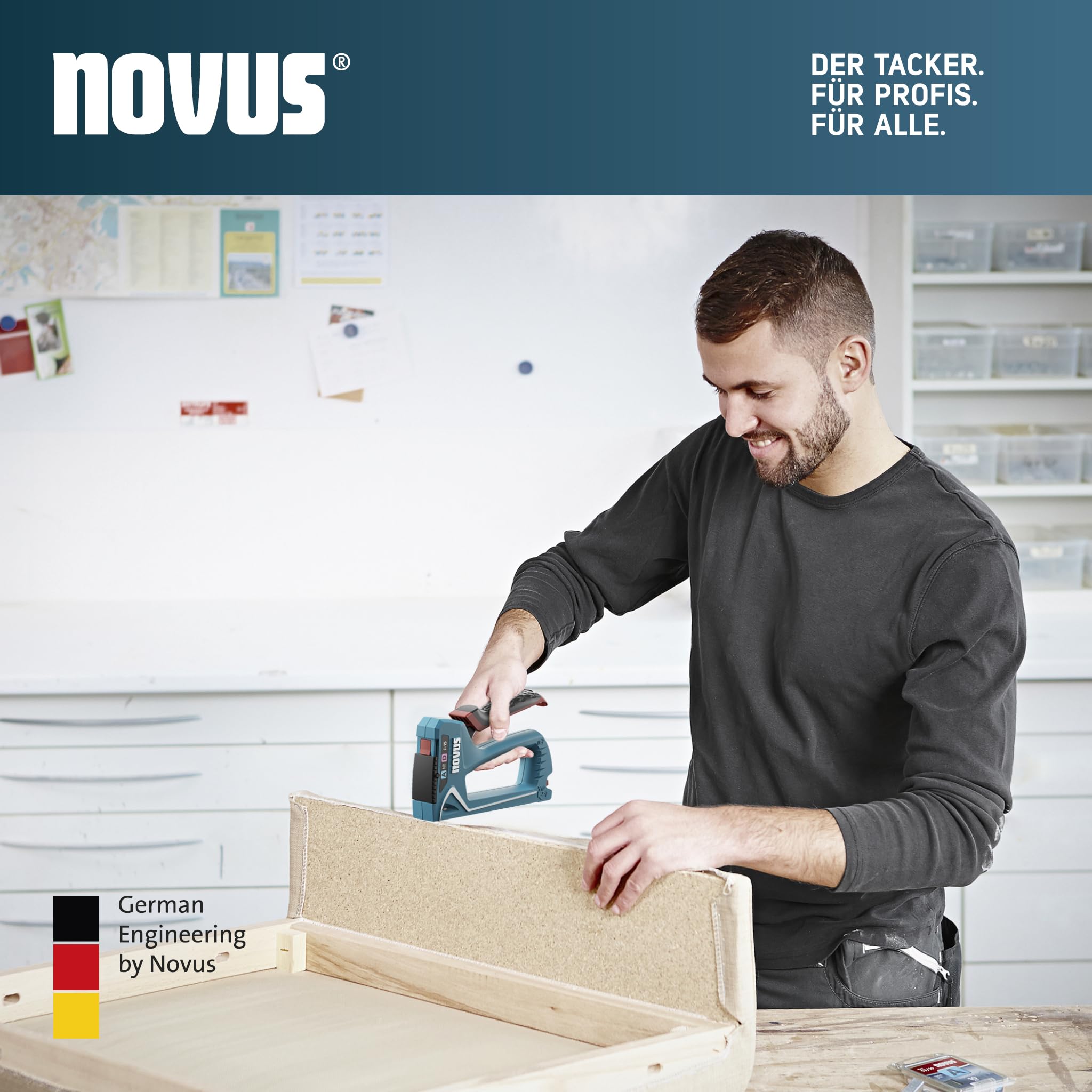 NOVUS TOOLS Handtacker J-15 Set mit 1800 Klammern │ 2-in-1 Tacker für Holz, Stoffe und Folien mit ABS-Kunststoffgehäuse │ Für Feindraht- und Flachdrahtklammern von 4 bis 10 mm