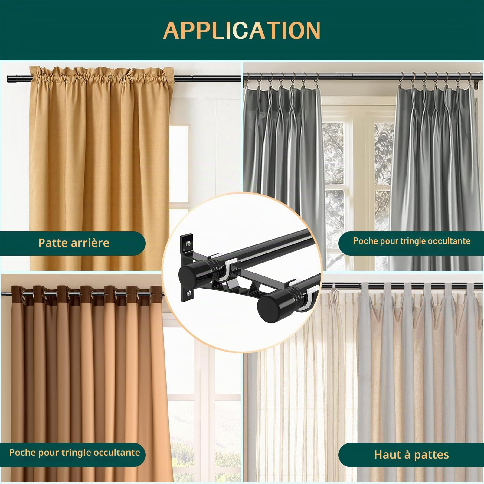 Tringle à rideaux double, tringle à rideaux noire 76-332cm, tringle à rideaux métal extensible, tringle à rideaux occultante pour rideaux à œillets Harrms Tringle à rideaux double, tringle à