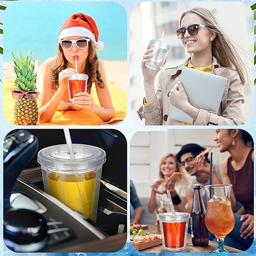 Miniatura 5 de FoldTier 6 vasos transparentes con tapa y popote para niños, vaso de doble pared de acrílico aislado de 12 onzas, vasos reutilizables de plástico