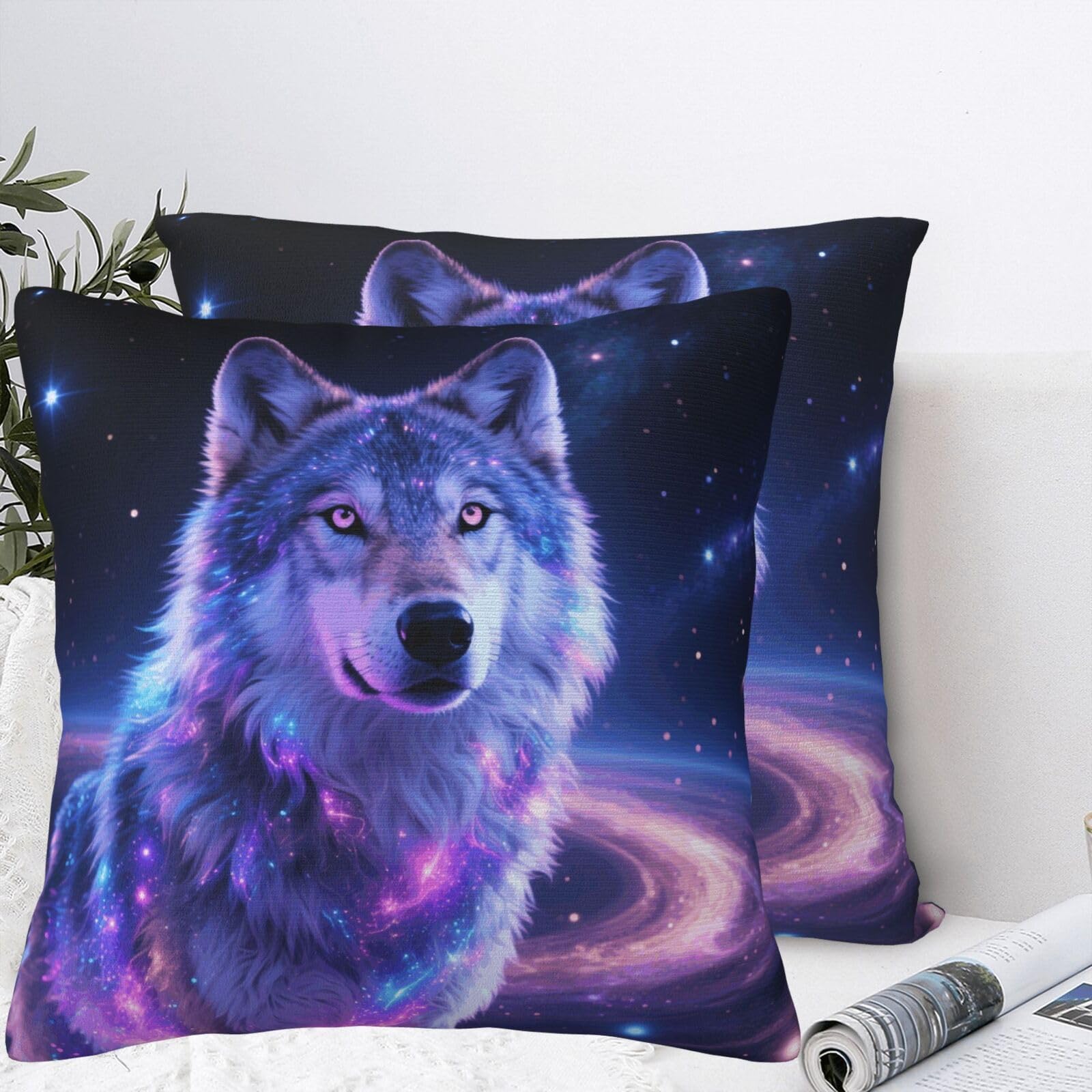 BTCOWZRV Galaxy Wolf Plush Throw Pillow Covers 20"X20",Soft Cozy Couch Cushion Covers Decorative Pillow Cases for Holiday Home Bedroom Sofa Decors