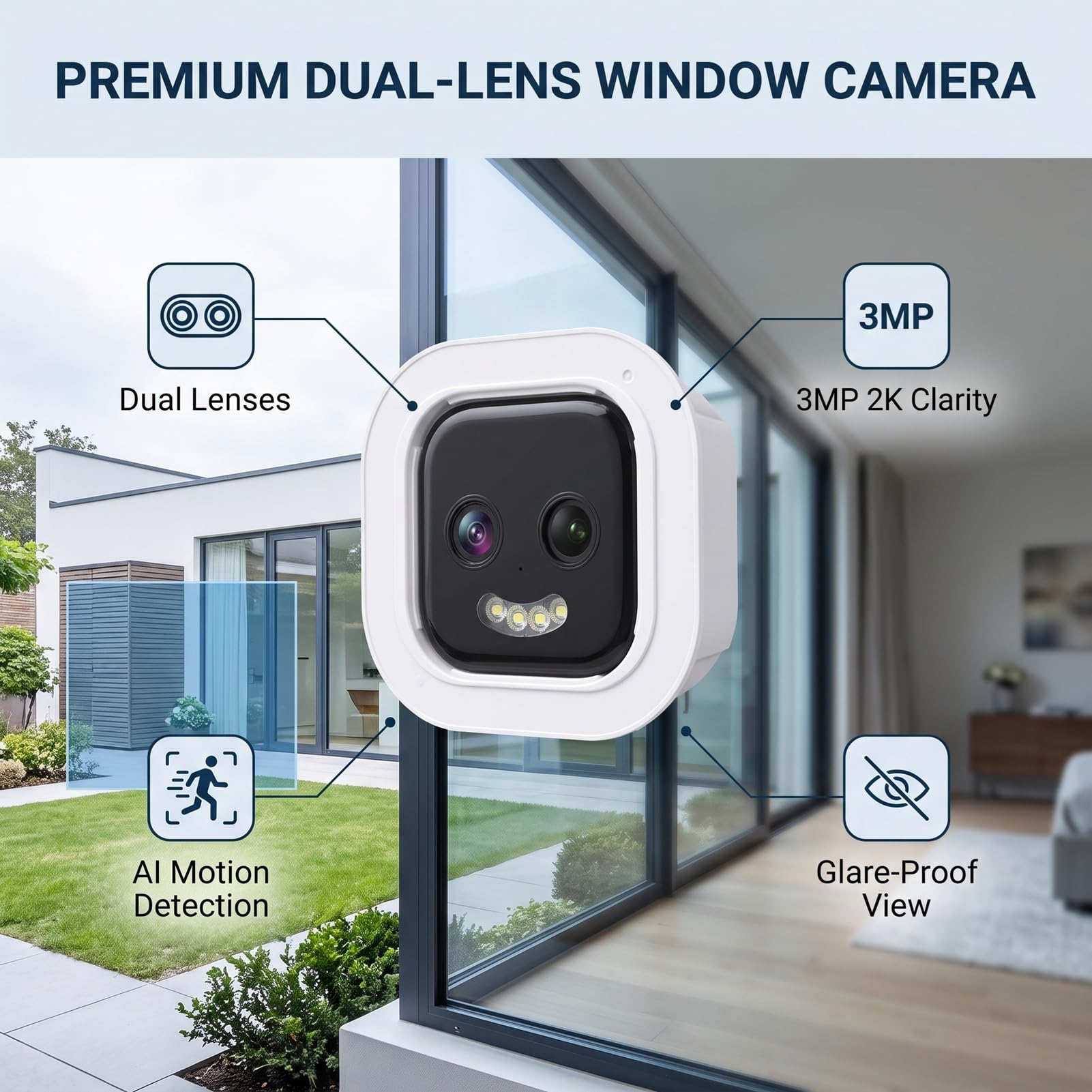 XUMIUZIY Kamera do Monitoringu Okiennego, Podwójny Obiektyw 2K 3MP z | Obsługuje Wi-Fi 2.4G/5G, Wykrywanie Ruchu PIR, Dwukierunkowe Audio, Widzenie Kolorów w Nocy, łatwy montaż Bez Wiercenia w