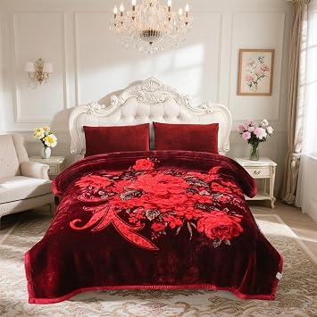 JML Korean-Style Soft Heavy Fleece Blanket King Size 85x95 Inches, 10 Lbs,2 Ply, Wrinkle & Fade Resistant, Lint-Free, Winter Cozy Home Decor Bedding for Adults Couch Bed, Blooming Flowers Burgundy