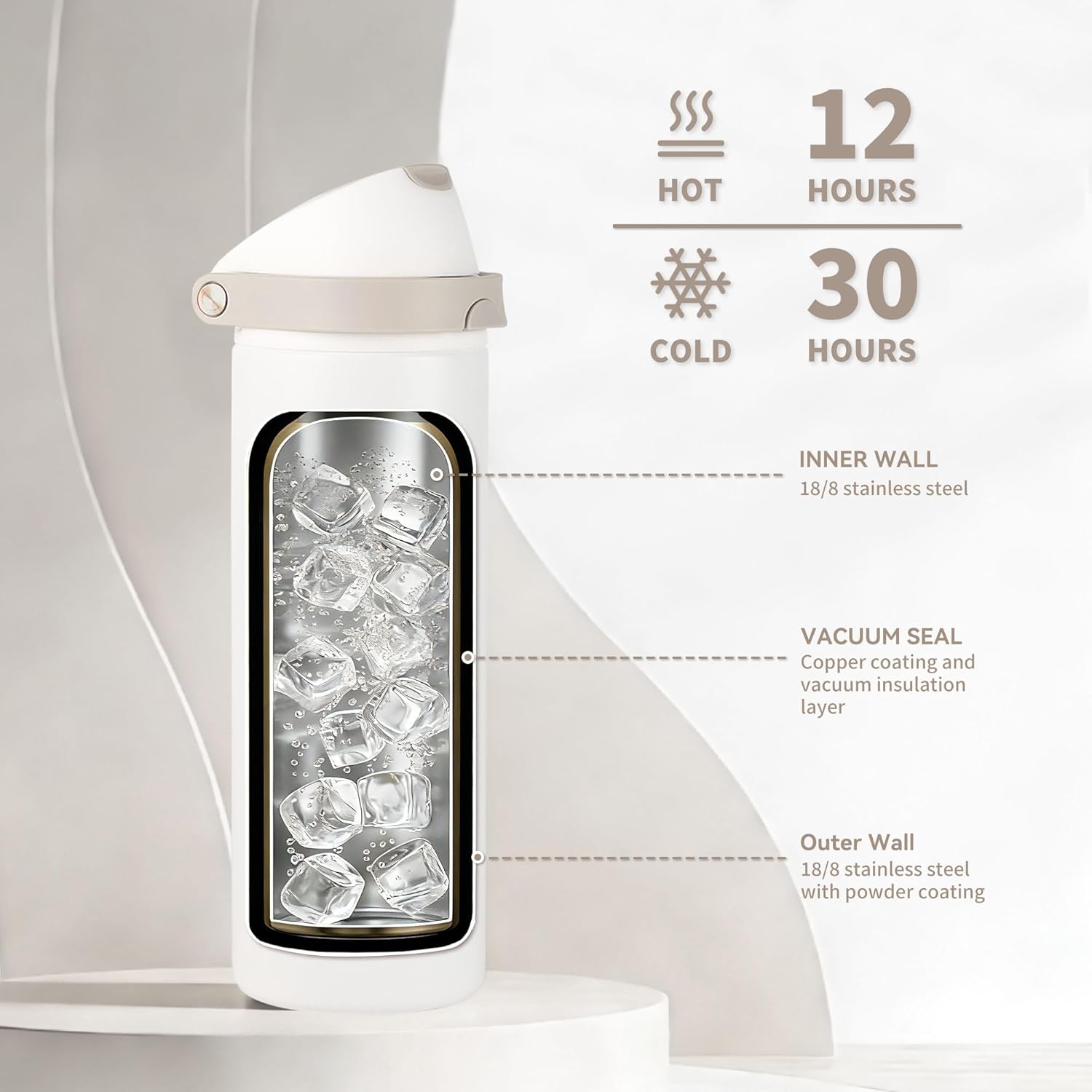 24 oz Insulated Water Bottle with Straw, Stainless Steel Water Bottle with 2-in-1 Push-Button Spout & Quick-Flip Straw, Fits Car Cupholder, Leakproof, for Gym, Travel, School, Camping, White - Image 4