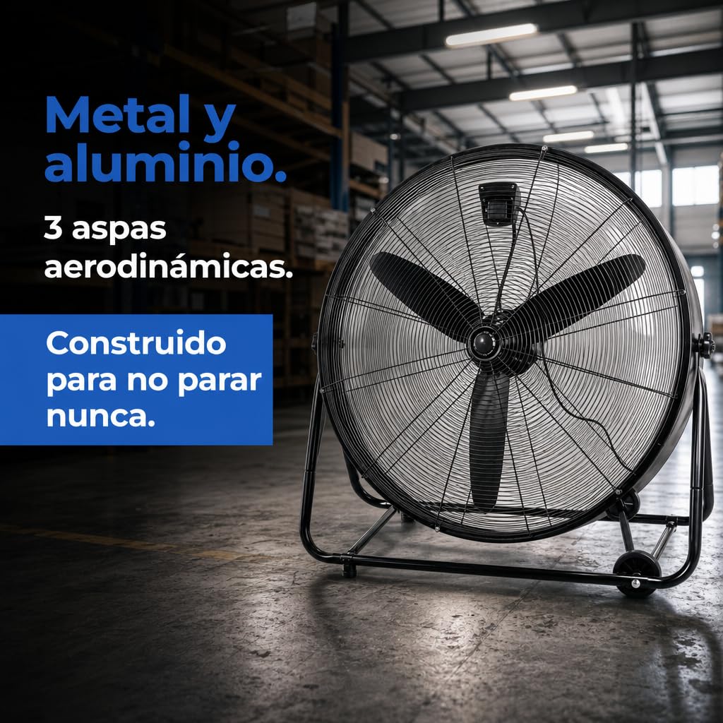Ventilador Industrial de Suelo con Ruedas 360W, 87cm, 3 Aspas, Negro