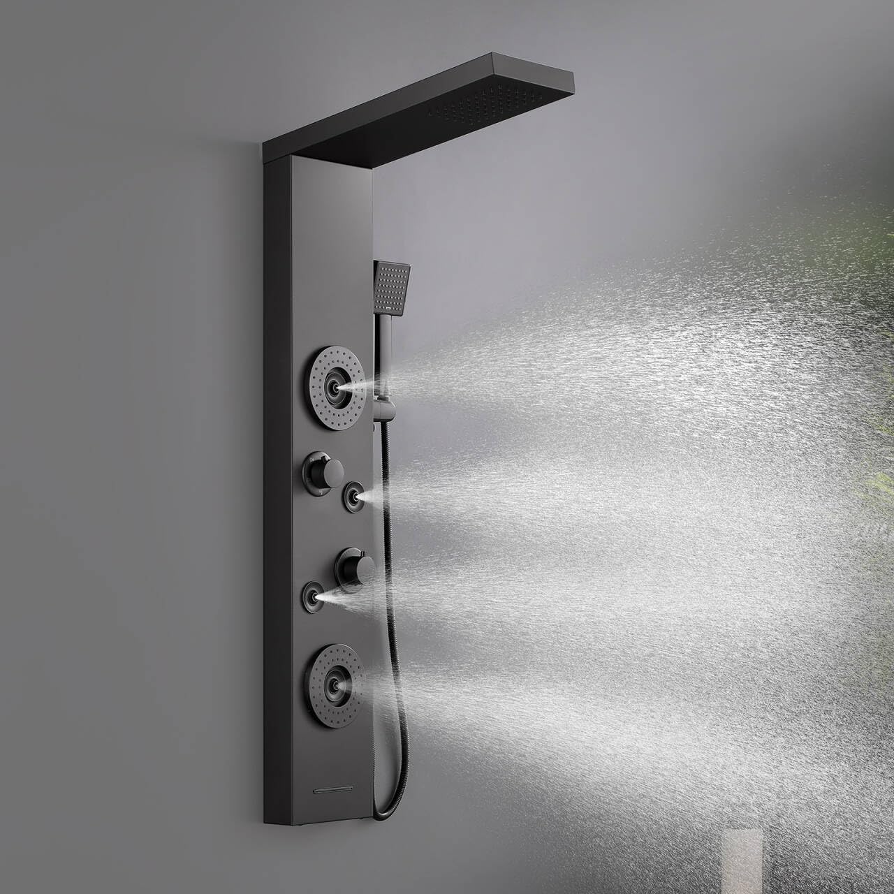 ROVATE Shower Panel Tower System with Rainfall Shower, Elegant Matte Black Shower Tower with Powerful Body Massage Jets, Handheld and Tub Spout, Stainless Steel Shower Column High Pressure
