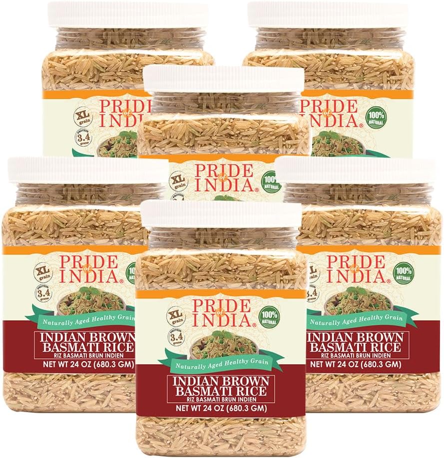 PACK of 6 - Extra Long Brown Basmati Rice - Naturally Aged Healthy Grain, 1.5 Pound Jar