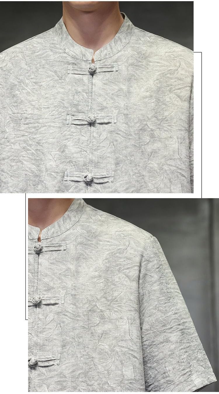 Men's Chinese Style Lightweight Casual Tang Suit Short Sleeve Shirt Vintage Mandarin Collar Zhongshan Set