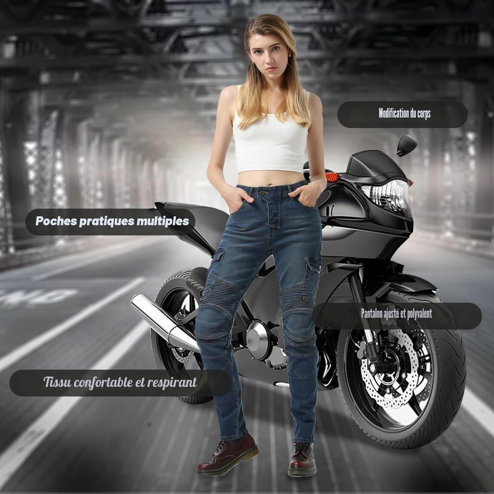 HULG Pantalon Moto Femme, Jean De Motard Coupe Slim Avec Protections Des Genoux Et Des Hanches, Moulant Élastique (Blue, XXS)