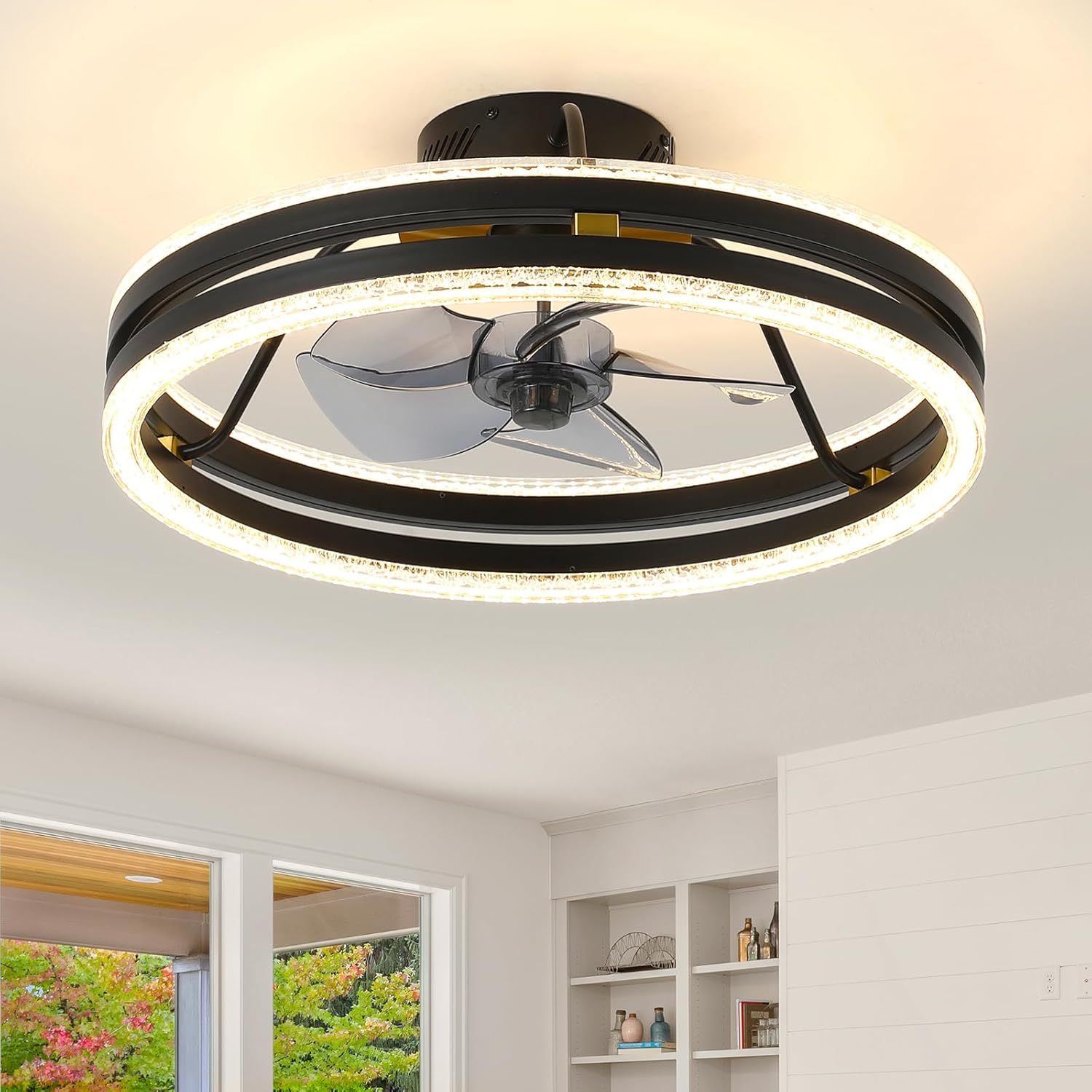 JUSHENG 20 Inch Low Profile Ceiling Fan with Light and Remote, 48W Dimmable Flush Mount Ceiling Fan with Up and Down Lighting, Modern Fandelier with Bubble Acrylic Ring for Bedroom Kitchen Small Room
