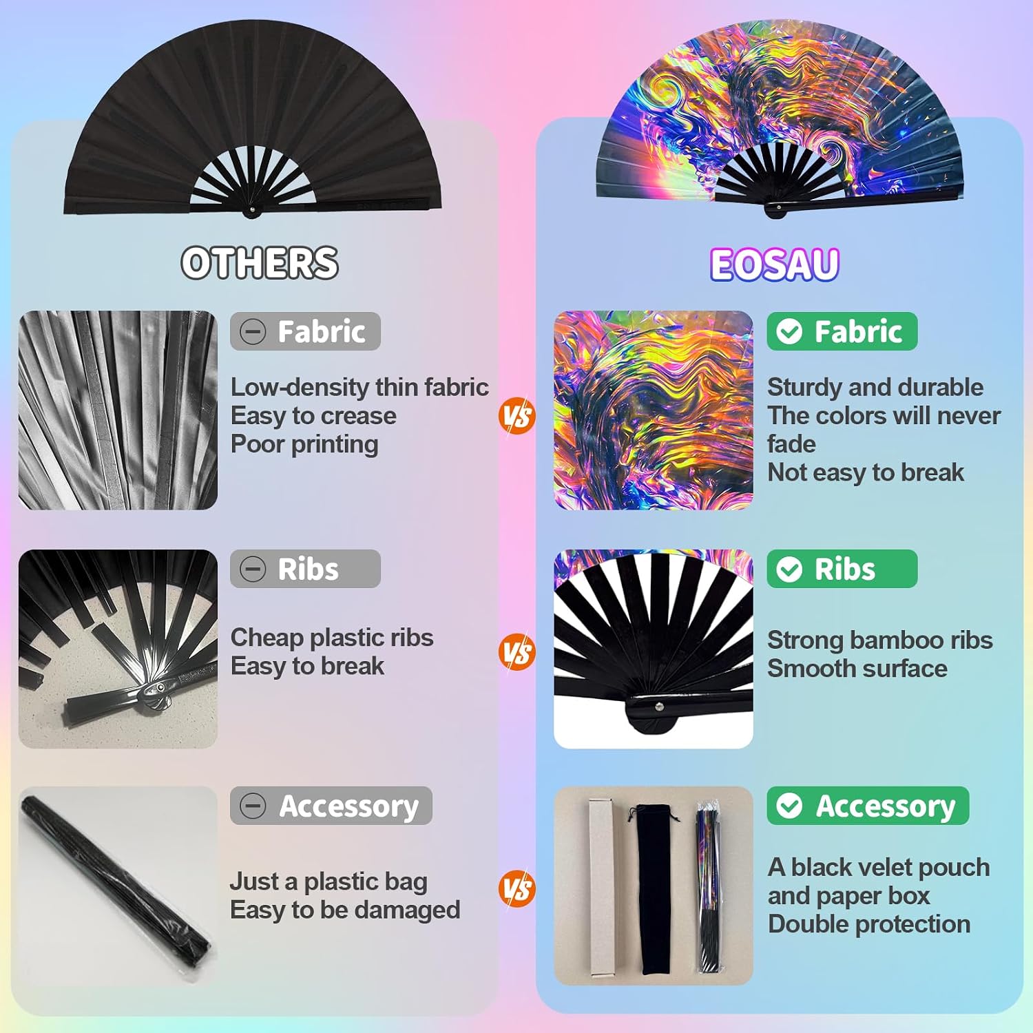 EOSAU UV Glow Large Rave Fan Folding Hand Fans for Line Dancing Portable Handheld Clack Fan for Festival EDM Party Music Outfit Accessories (13" Waves)