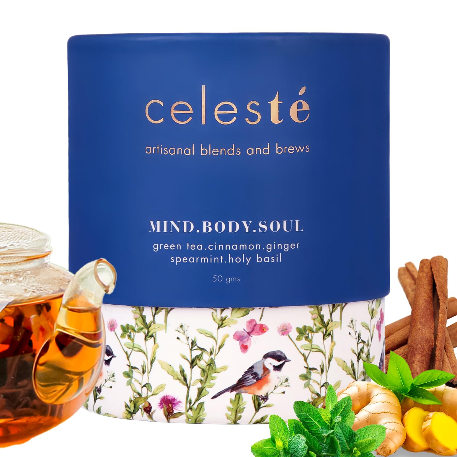 CelesTe Mind Body Soul - Cinnamon Spice Tea - Premium Blend with Spearmint, and Holy Basil | 100% Natural Loose Leaf Green Tea (50 gm) (25 Cups)